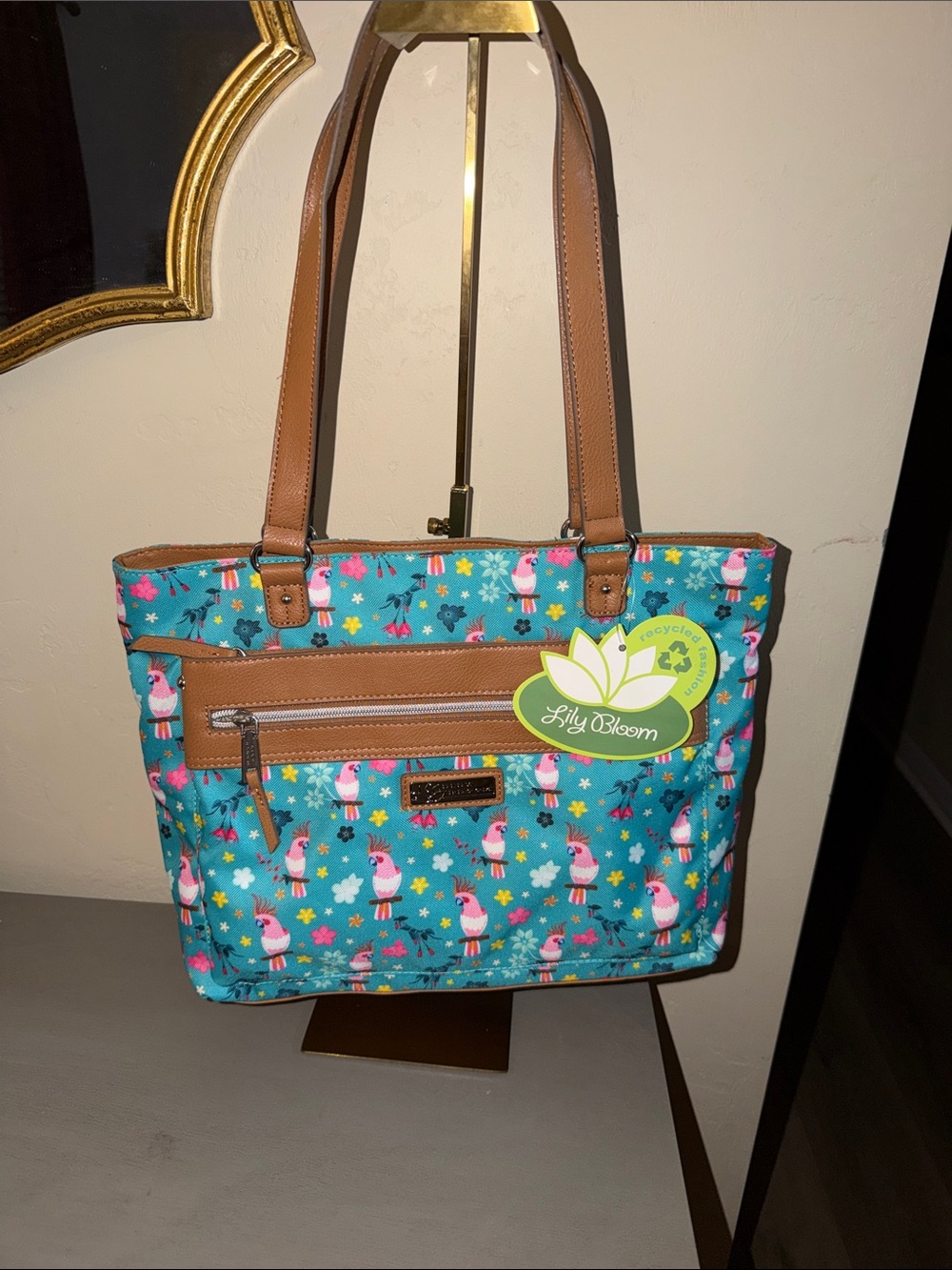 Lily Bloom Teal Bird Print Tote with Tan Trim